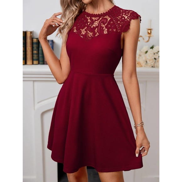 Lace Yoke Flare Hem short sleeve mini Dress burgundy red maroon size medium NWT - Picture 4 of 4